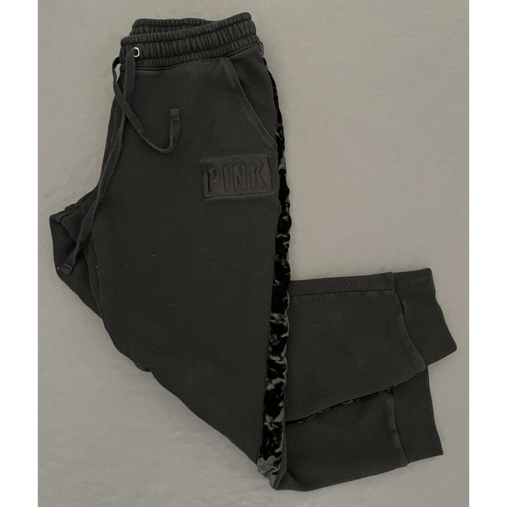 Victorias Secret Pink Sweatpants Womens Size Medium Black Jogger W/Velvet Stipe - Picture 2 of 12
